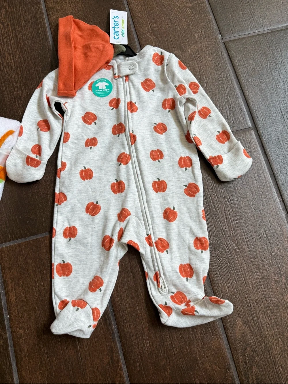 Carters Pumpkin Print One-Piece with Hat and Parent Choice Pumpkin Blanket